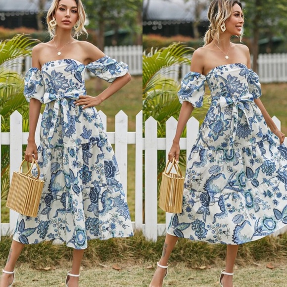 Floral print off shoulder belted dress - Picture 4 of 4
